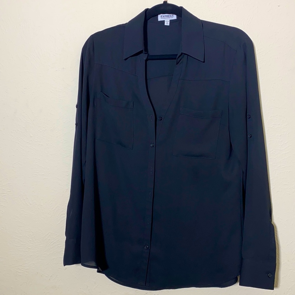 Black long sleeve two pocket button down blouse